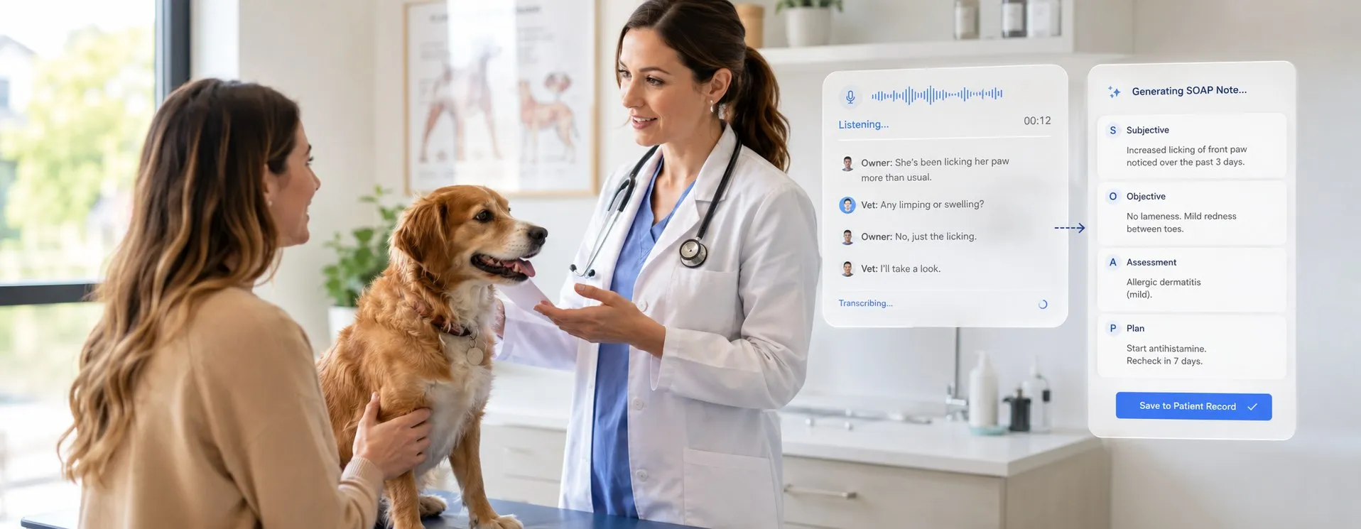 Veterinarian consulting a dog owner while Coggo transcribes the exam into a SOAP note