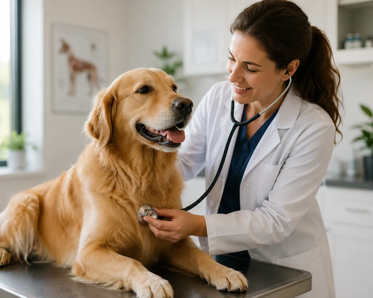 Veterinarian examining a golden retriever in a clinic exam room